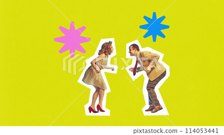 Poster. Contemporary art collage. Young talented duo, man and woman, dancers in retro attire dancing boogie-woogie. Trendy magazine style. Poster. Contemporary art collage. Young talented duo, man and woman, dancers in retro attire dancing boogie-woogie. Trendy magazine style. 114053441