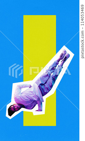 Poster. Contemporary art collage. Man in motion dancing breakdance, hip hop against bright background. Trendy magazine style. 114053469