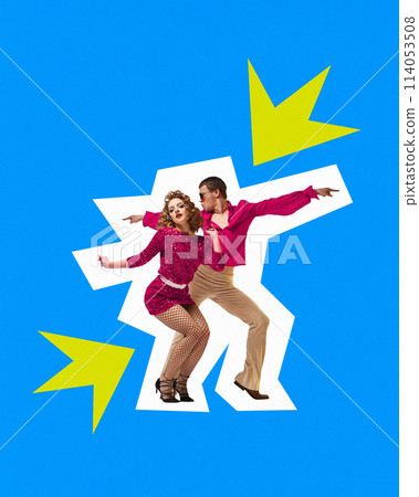 Poster. Contemporary art collage. Man and woman in retro attire synchronously dance in disco style against vibrant background. Trendy magazine style. Poster. Contemporary art collage. Man and woman in retro attire synchronously dance in disco style against vibrant background. Trendy magazine style. 114053508