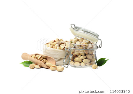 PNG, pistachios in a linen sack, isolated on a white background. 114053540