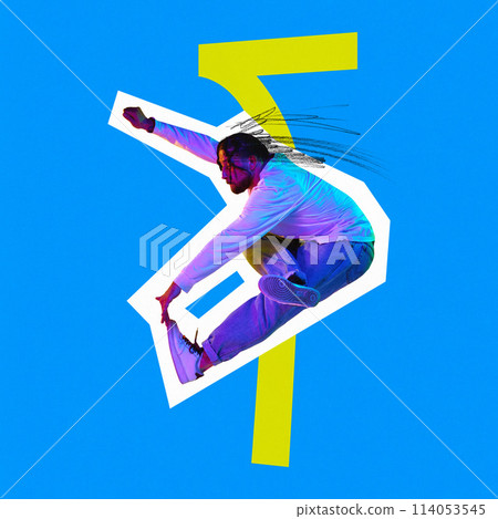 Poster. Contemporary art collage. Guy in casual clothes dancing energetic techno against vibrant blue background with doodles. Trendy magazine style. Poster. Contemporary art collage. Guy in casual clothes dancing energetic techno against vibrant blue background with doodles. Trendy magazine style. 114053545