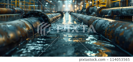 Wastewater pipes from industrial plants which is a large pipe made of metal. The wastewater flowing from the pipe is black and cloudy.  Used to campaign to make people aware of environmental problems. 114053565