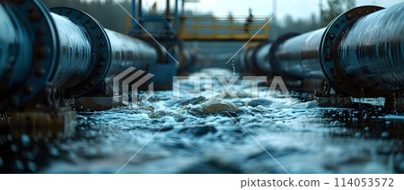 Wastewater pipes from industrial plants which is a large pipe made of metal. The wastewater flowing from the pipe is black and cloudy.  Used to campaign to make people aware of environmental problems. 114053572