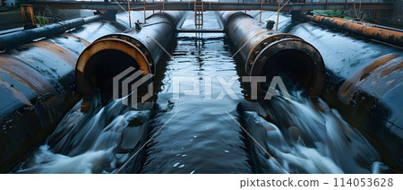 Wastewater pipes from industrial plants which is a large pipe made of metal. The wastewater flowing from the pipe is black and cloudy.  Used to campaign to make people aware of environmental problems. 114053628