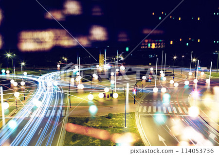 Light trails on the street at night.Self-driving car is recognizing road signs. 114053736