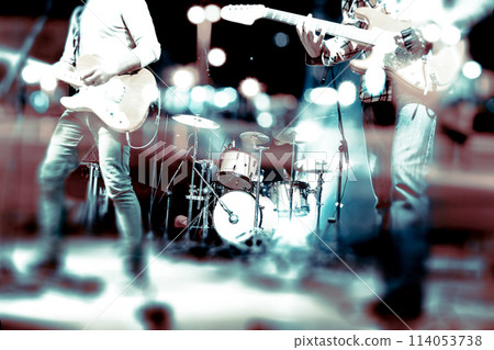 Concert and music festival design.Guitarist and drum kit 114053738