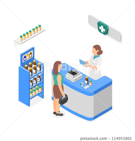 Isometric pharmacist and client. Patient buy medication in pharmacy. Healthcare marketing, influenza season and support health. Flawless vector scene Isometric pharmacist and client. Patient buy medication in pharmacy. Healthcare marketing, influenza season and support health. Flawless vector scene 114053802