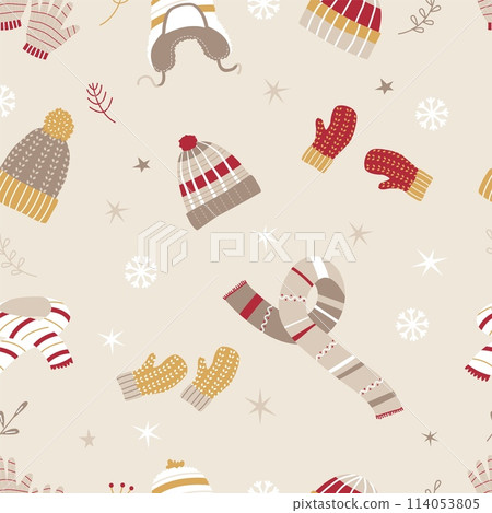 Winter hat seamless pattern. Seasonal warm accessories, fashion knitted elements. Cozy wrapping or fabric print design, snugly vector background 114053805