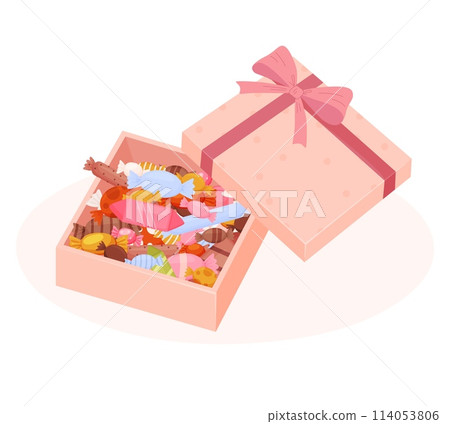 Sweet box with candy. Tasty present with different candies, toffees and chocolates. Birthday, christmas, mothers day gift. Snugly vector scene 114053806