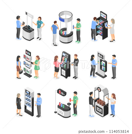Isometric exhibition promo stand. Promoters and visitors near stands. Marketing workers demonstrated and promotions different goods flawless vector set Isometric exhibition promo stand. Promoters and visitors near stands. Marketing workers demonstrated and promotions different goods flawless vector set 114053814