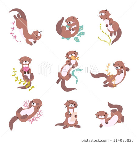 Cartoon otter. Funny otters in different poses, eating, playing and swimming. Water animal, river or lake characters. Childish mascot nowaday vector set 114053823