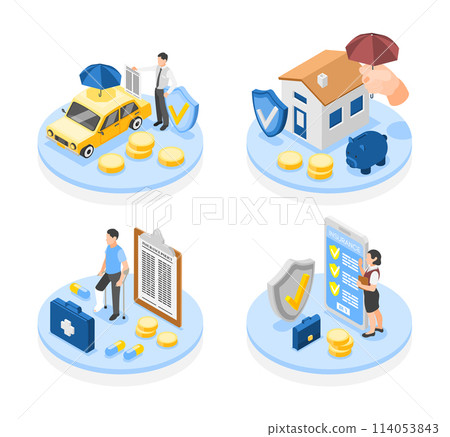 Isometric insurance elements collection with people and shield Isometric insurance elements collection with people and shield 114053843