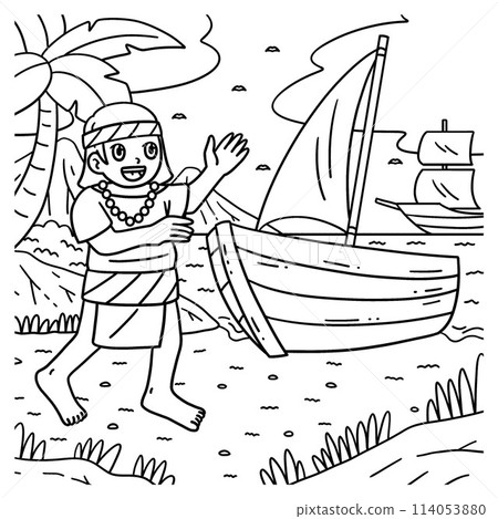 Columbus Day Native Man and Boat Coloring Page Columbus Day Native Man and Boat Coloring Page 114053880
