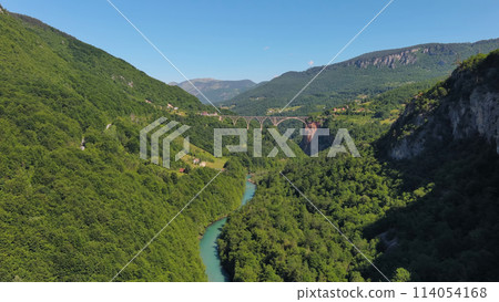 Aerial view on Djurdjevica arch bridge over Tara 114054168