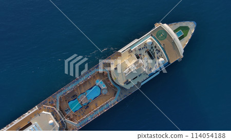 Sailing cruise ship aerial top view Sailing cruise ship aerial top view 114054188