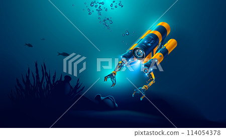 Robot underwater exploration seabed. Autonomous underwater drone with camera, robotic arms research ancient ruins, ancient amphora at bottom of ocean. Underwater oceanographer drone treasure hunter. 114054378