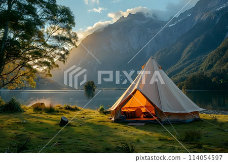 Beautiful campsite. Warm sunlight shine through the mountains onto green field. The lake and tranquil valley are visible in the background. We will experience an adventure amidst the beauty of nature. 114054597