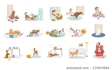 Pets making mess. Domestic dogs destroying home in interior room recent vector dogs bad bullying behavior Pets making mess. Domestic dogs destroying home in interior room recent vector dogs bad bullying behavior 114054664