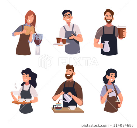 Barista. People preparing coffee cappuccino or latte exact vector barista characters in cartoon style 114054693