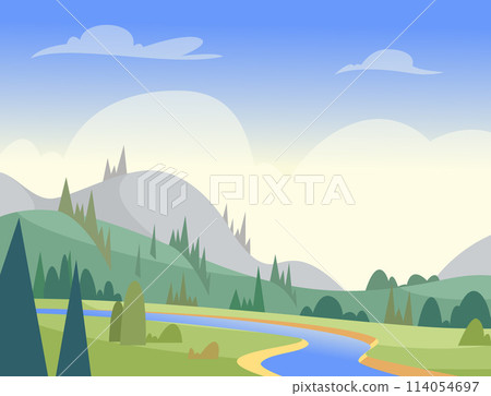 Nature landscape outdoor background with flowing river Nature landscape outdoor background with flowing river 114054697