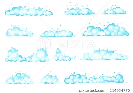 Cartoon bath foam. Blue shampoo balloons. Bath soap bubbles flat style. Detergent balls in water. Hygiene and washing borders. Cosmetic mousse. Soapy toiletry. Vector froth elements set 114054770
