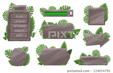 Stone buttons with plants. GUI rocky texture plaques. Arrows and panels covered with green vines. Jungle location. Boards with fissures. Palm leaves. Ancient UI elements vector set 114054795