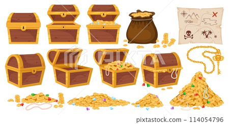 Treasure chest. Pirate wealth. Gold coins and diamonds. Corsair map. Opened and closed wooden containers. Ancient golden key. Empty and full boxes with jewelry gems. Recent vector set Treasure chest. Pirate wealth. Gold coins and diamonds. Corsair map. Opened and closed wooden containers. Ancient golden key. Empty and full boxes with jewelry gems. Recent vector set 114054796