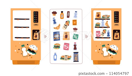 Vending machine with snack. Food selling equipment. Empty sale device. Automat filled with products. Drink cans. Water bottles. Sandwiches and chips. Merchandise retail. Garish vector set 114054797