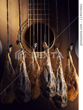Dry Spanish ham, Jamon Serrano, Bellota, Italian Prosciutto Crudo or Parma ham. Dry Spanish ham, Jamon Serrano, Bellota, Italian Prosciutto Crudo or Parma ham. 114054881