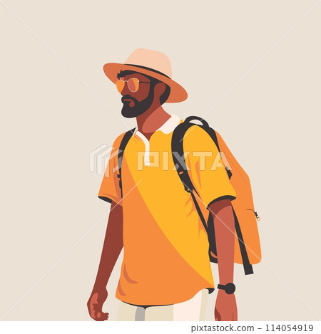A man wearing a yellow shirt and a hat is walking with a backpack A man wearing a yellow shirt and a hat is walking with a backpack 114054919