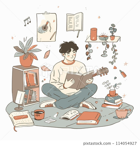 Young man reading a book sitting on the floor. Vector illustration. 114054927