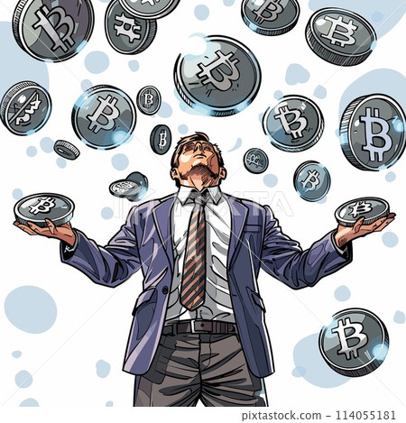 Vector hand drawn illustration of a businessman with bitcoins in his hands. 114055181