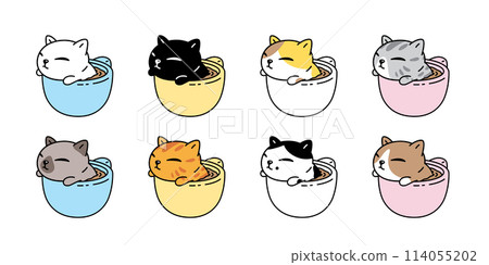 cat vector kitten coffee cup icon cartoon character calico neko hot tea pet doodle symbol illustration clip art isolated design 114055202