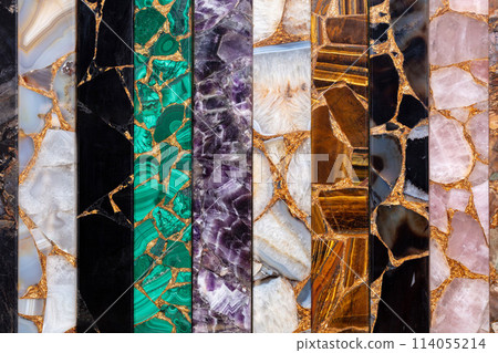 Set of luxury precious stones with gold leafs for exclusive artwork Petrified wood, Smoky Quartz, Agate, Tigers Eye, Black Obsidian, Malachite, Rose Quartz. Set of luxury precious stones with gold leafs for exclusive artwork Petrified wood, Smoky Quartz, Agate, Tigers Eye, Black Obsidian, Malachite, Rose Quartz. 114055214