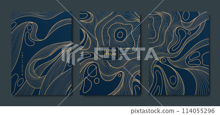 Vector set of abstract organic design background, line gold art pattern, wavy marble shape. Flow curve illustration, liquid element. Flyer, poster, brochure, cover Vector set of abstract organic design background, line gold art pattern, wavy marble shape. Flow curve illustration, liquid element. Flyer, poster, brochure, cover 114055296