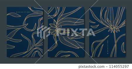 Vector set of gold flowers and leaves patterns, luxury floral abstract design. Wedding invitation, royal line cards, wall art. Vector set of gold flowers and leaves patterns, luxury floral abstract design. Wedding invitation, royal line cards, wall art. 114055297