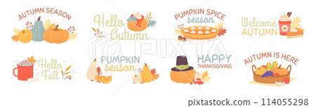 Autumn badges. Pumpkin season and thanksgiving day. Seasonal vegetables, fall agriculture harvest festival. Tasty food, racy vector banners Autumn badges. Pumpkin season and thanksgiving day. Seasonal vegetables, fall agriculture harvest festival. Tasty food, racy vector banners 114055298