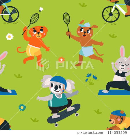 Sport animal seamless pattern. Animals athletes in park doing different workout. Childish fabric print design, cartoon decorative wrapping, classy vector background Sport animal seamless pattern. Animals athletes in park doing different workout. Childish fabric print design, cartoon decorative wrapping, classy vector background 114055299