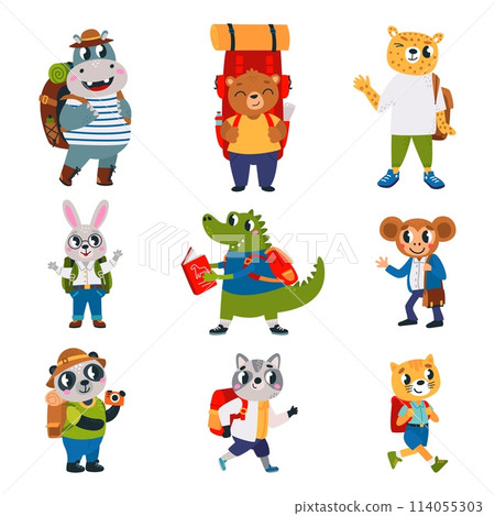 Animal with backpack. Touristic animals, students and business characters. Cartoon cute wild hippo, bear and crocodile. Classy vector clipart 114055303