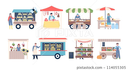 Farm market stall. Vendors with agriculture products, flowers, vegetables and fruits. Merchant of fresh meat and bakery, harvest recent vector set 114055305