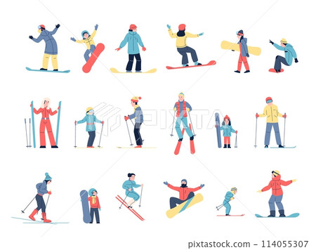 Children skiers. Different ski resort characters. Winter outdoor activities, seasonal sport training for healthy adult and kids. Active recent vector set Children skiers. Different ski resort characters. Winter outdoor activities, seasonal sport training for healthy adult and kids. Active recent vector set 114055307