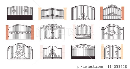 Ornamental fence gates. Metal decorative gate with vintage ornate decor. Architecture elements for yard and garden. Design racy vector set 114055328