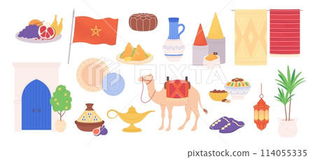 Flat moroccan objects. East market goods, carpets and crockery, spices and food. Arabian style accessories, slippers, furniture, racy vector clipart Flat moroccan objects. East market goods, carpets and crockery, spices and food. Arabian style accessories, slippers, furniture, racy vector clipart 114055335