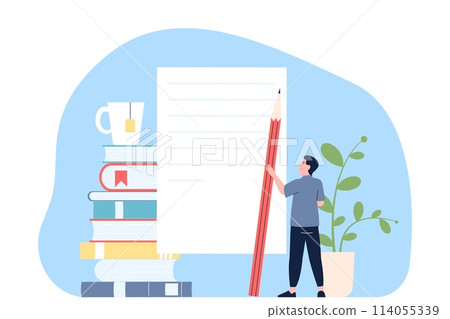 Creative copywriting. Man thinking about new article or social media post. Creativity, education or news maker. Freelance autor recent vector scene Creative copywriting. Man thinking about new article or social media post. Creativity, education or news maker. Freelance autor recent vector scene 114055339