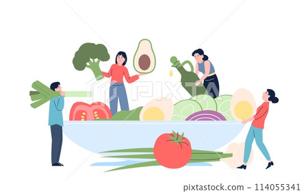 Vitamins salad cook. Family vegetarian nutrition, fresh diet dinner or lunch. Greens, tomatoes, onion and olive oil. Recent vector flat scene Vitamins salad cook. Family vegetarian nutrition, fresh diet dinner or lunch. Greens, tomatoes, onion and olive oil. Recent vector flat scene 114055341