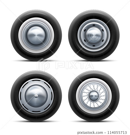 Realistic retro tires. Vintage car wheel with chrome hubcap, old spare wheels tire with disk rim hub of bus or van transport, champion race 3d auto nowaday vector illustration 114055713