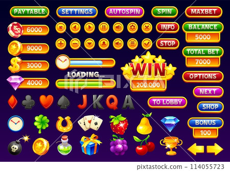 Mobile casino interface. Game slot interface, gambling progressive application digital menu ui icons button header window panel, cartoon poker jackpot neoteric vector illustration 114055723