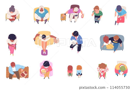 Children looking up. Kids look-up top view, school or kindergarten multicultural child watching sky, boys and girls fun cartoon characters above overhead classy vector illustration 114055730