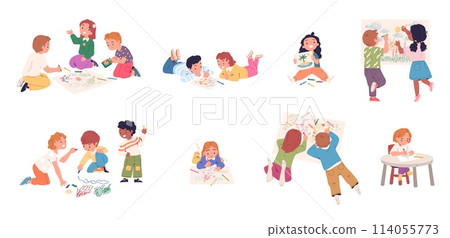 Kids painting hobby. Child art workshop, happy children creating paintings together, preschool kid friends study draw with color pencil creative picture classy vector illustration 114055773