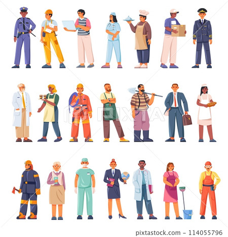 Different profession occupations. Various job professional occupation, cartoon people characters in uniform servant workers, labor day or hr employment recent vector illustration 114055796